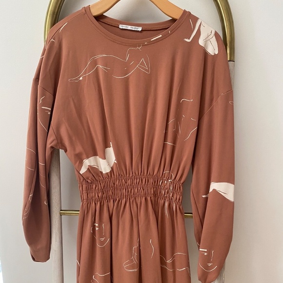Zara Long Sleeves Dusty Pink Kimono Midi Dress With Abstract Female Drawing Sz M - Picture 3 of 9